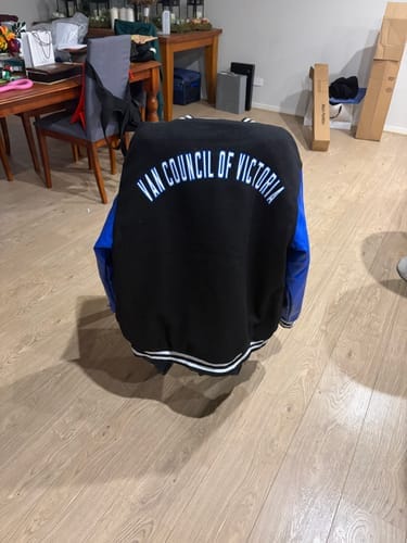 Customer photo review of Custom Black Royal Blue White Letterman Jacket Raglan Sleeves Varsity Full-Snap Leather Sleeves