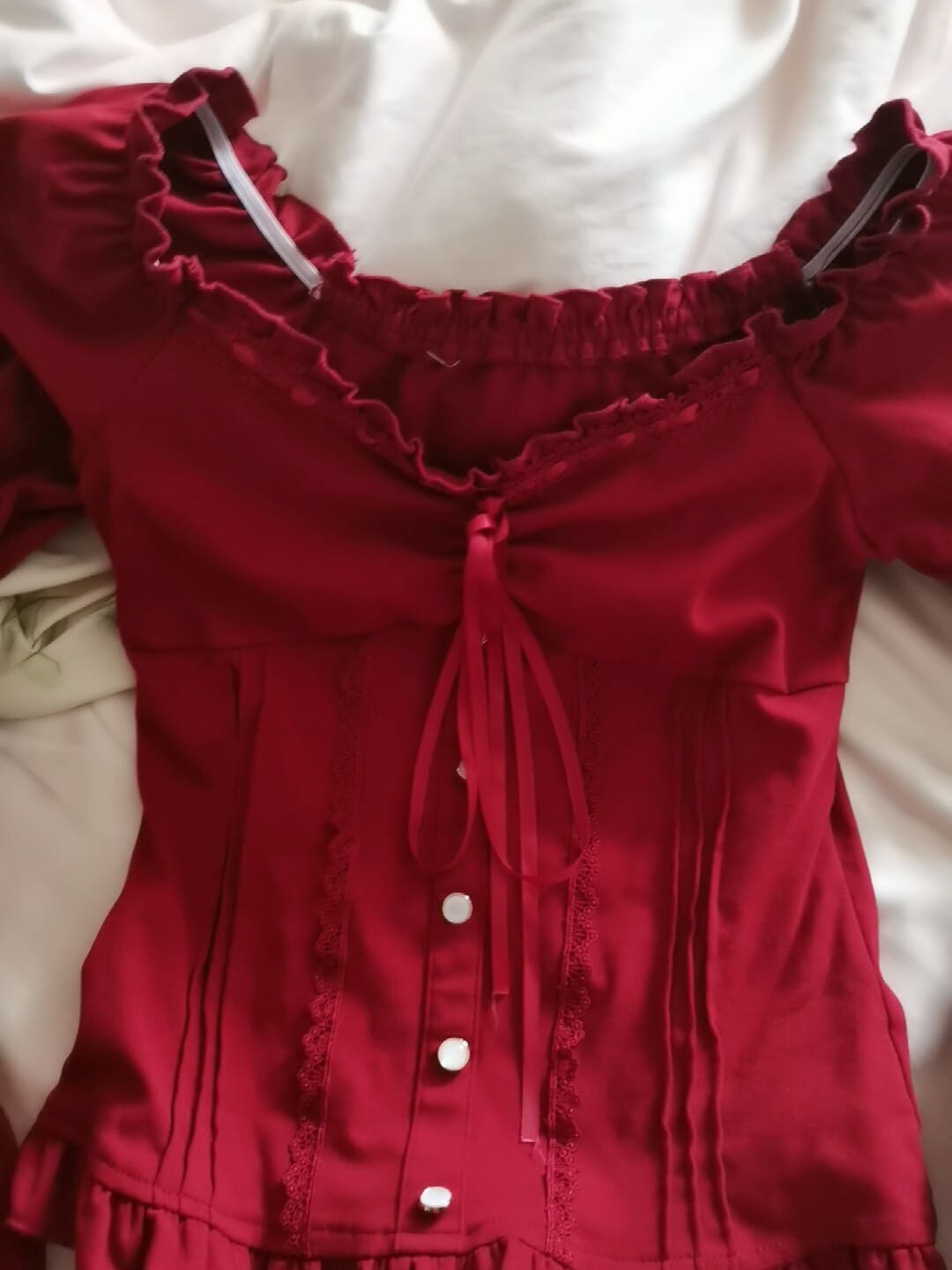 Customer photo review of Red Lace Bow Tie Long Sleeve Slim Fit Vintage Coquette Top