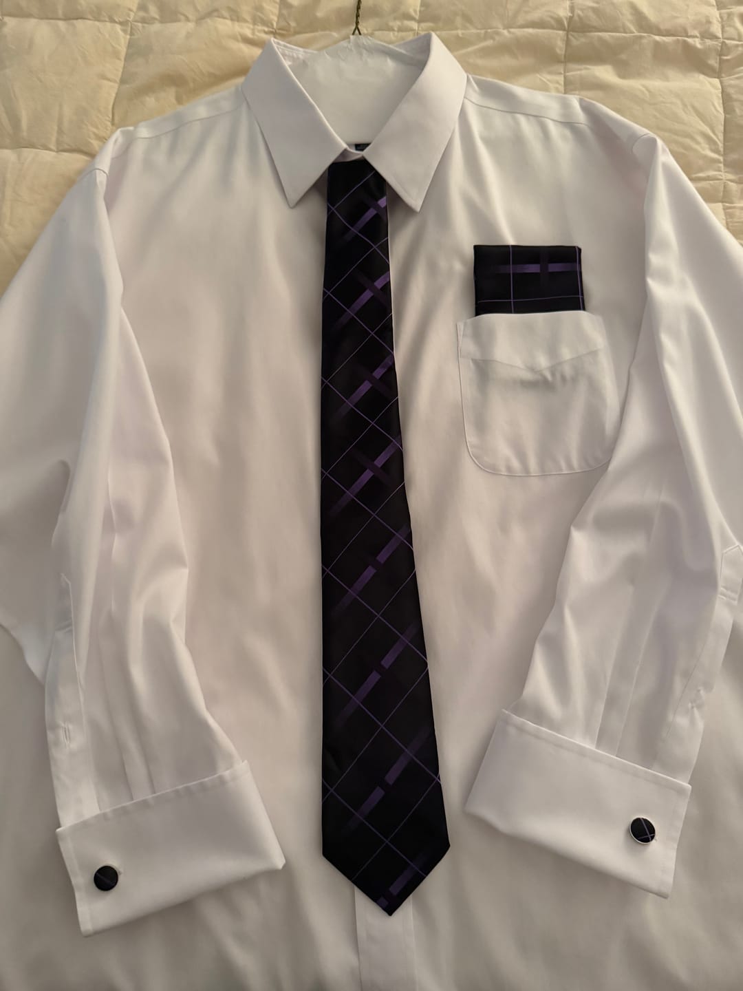 Customer photo review of Barry. Wang Ties Black Purple Plaid Silk Tie Handkerchief Cufflinks Set