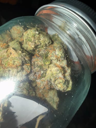 Customer's Lemon Cherry Gelato THCA flower inside a glass storage jar.
