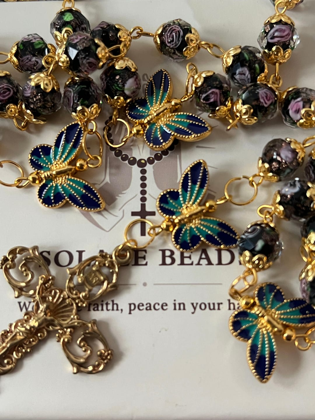 Customer photo review of SolaceBeads Black Lampwork Floral Beads Rosary--The Radiant Grace Rosary: Hand-Blown Solace