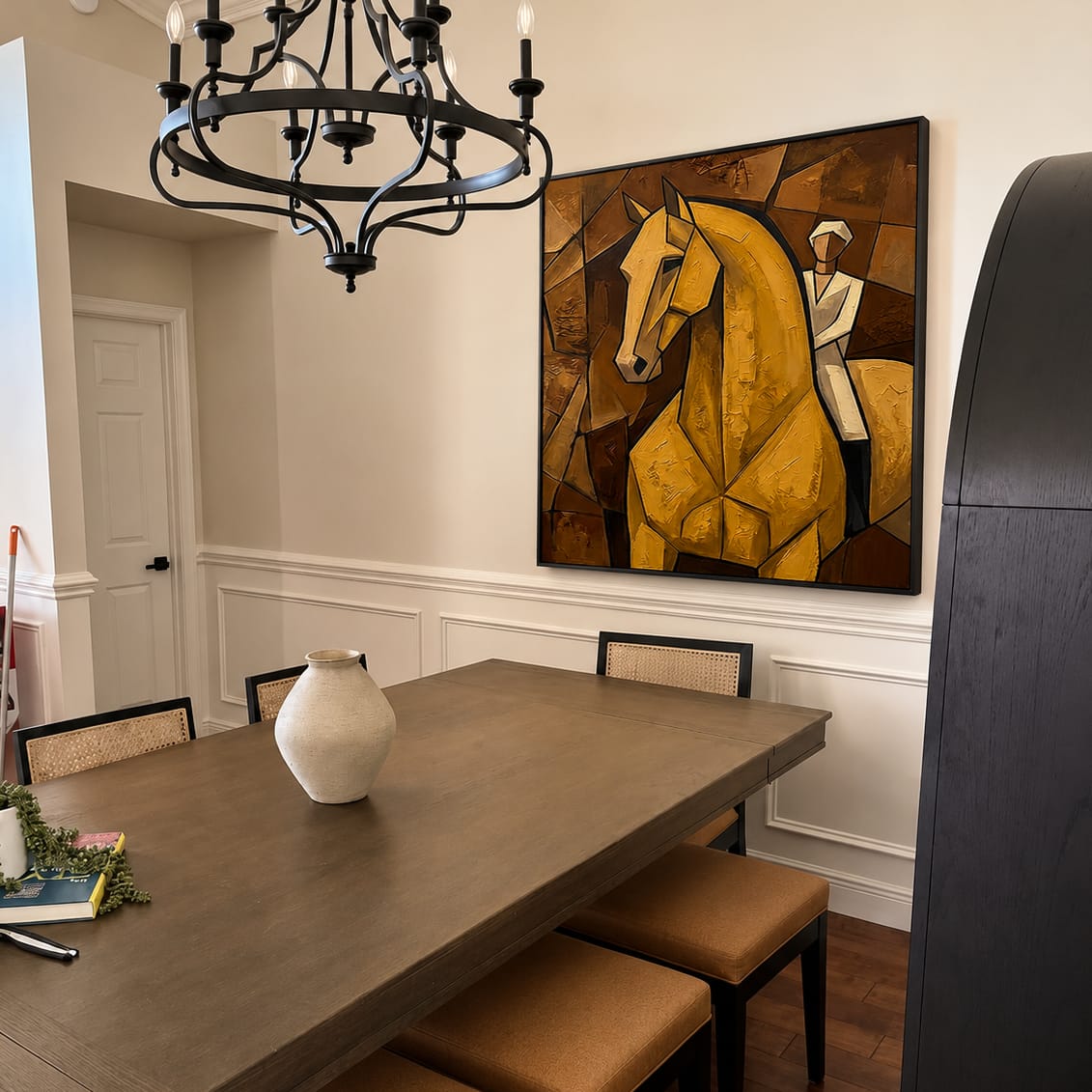 Customer photo review of "Golden Equestrian" – Cubist Horse Rider Oil Painting in Warm Brown Tones