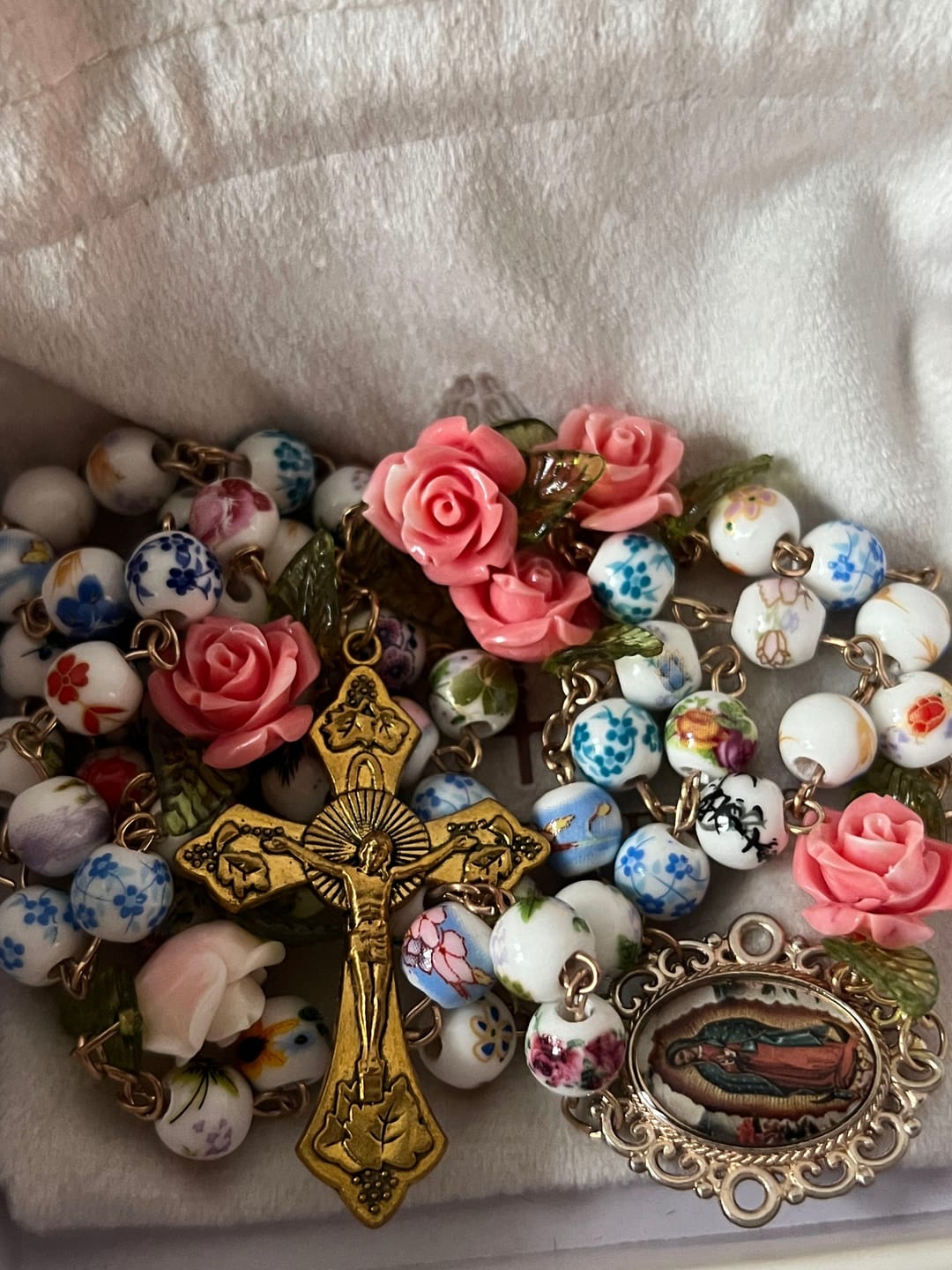 Customer photo review of SolaceBeads Vintage Mixed Floral Ceramic Rosary With Guadalupe & Crucifix: Timeless Garden
