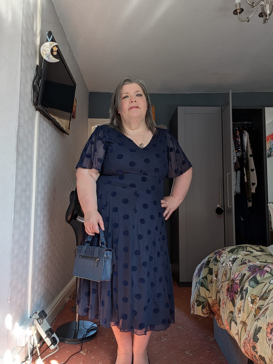 Customer photo review of Petite Victoria Dark Navy Velvet Flock Angel Sleeve Mesh Long Midi Dress