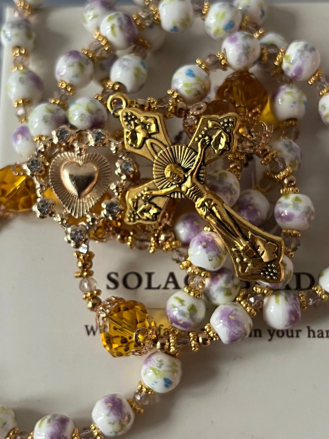 Customer photo review of SolaceBeads Lavender Floral With Golden Sacred Heart & Crucifix Rosary: Faith in Every Bead