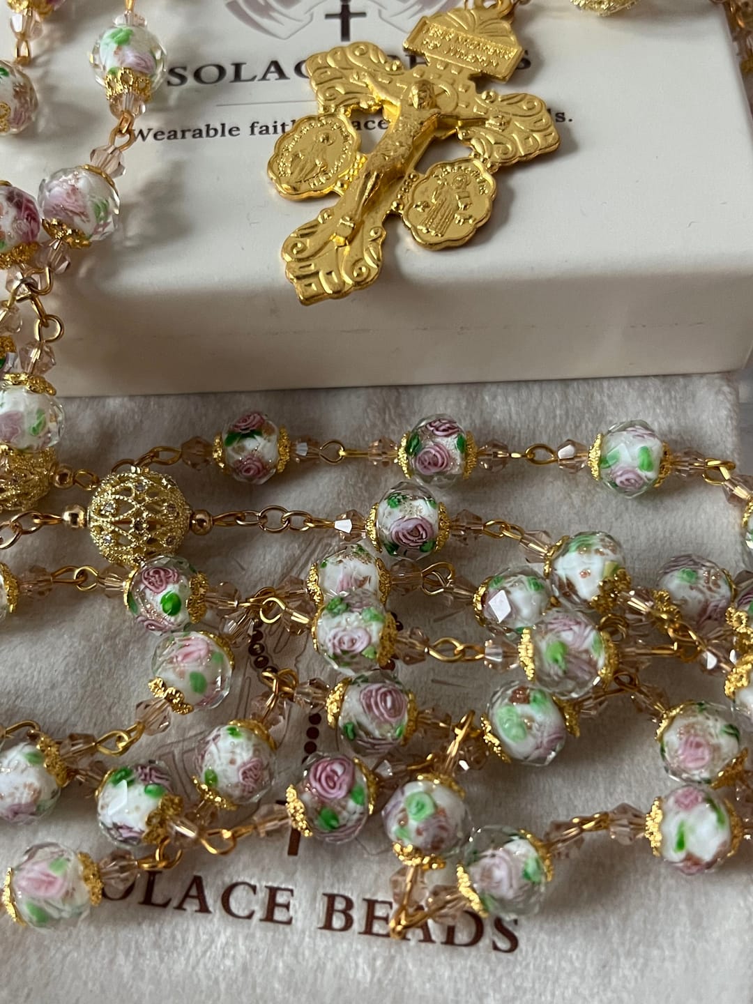 Customer photo review of SolaceBeads White Floral Lampwork Glass Rosary: Grace With Gold Filigree & Miraculous Medal