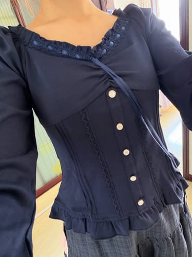 Customer photo review of Red Lace Bow Tie Long Sleeve Slim Fit Vintage Coquette Top