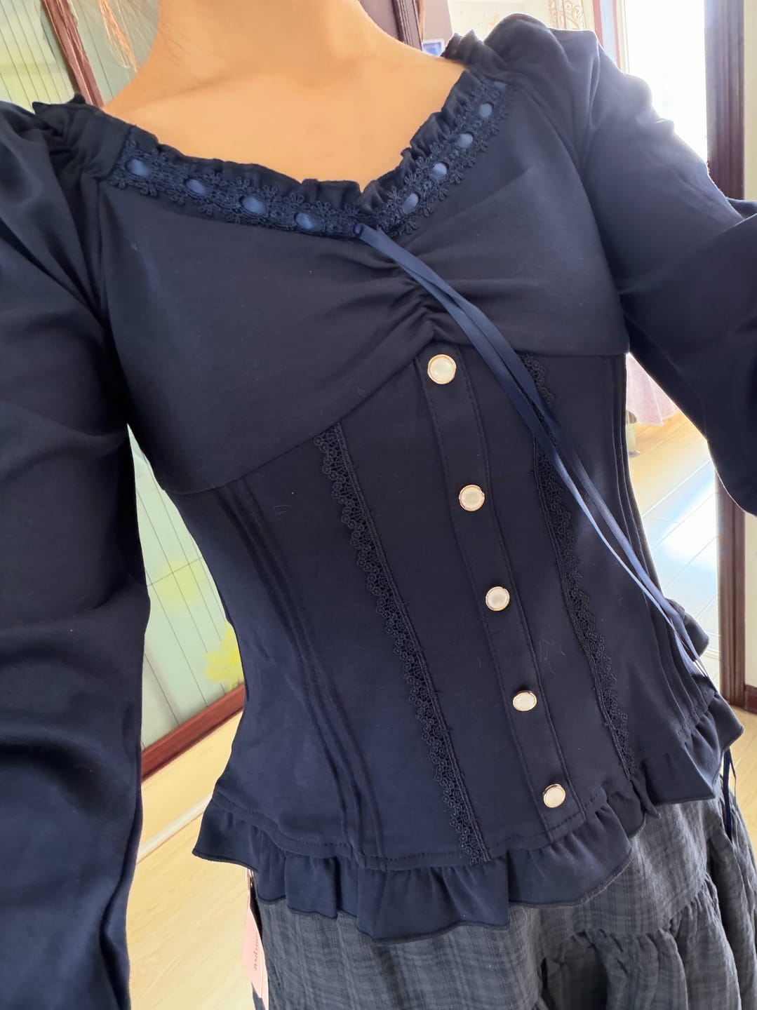 Customer photo review of Red Lace Bow Tie Long Sleeve Slim Fit Vintage Coquette Top