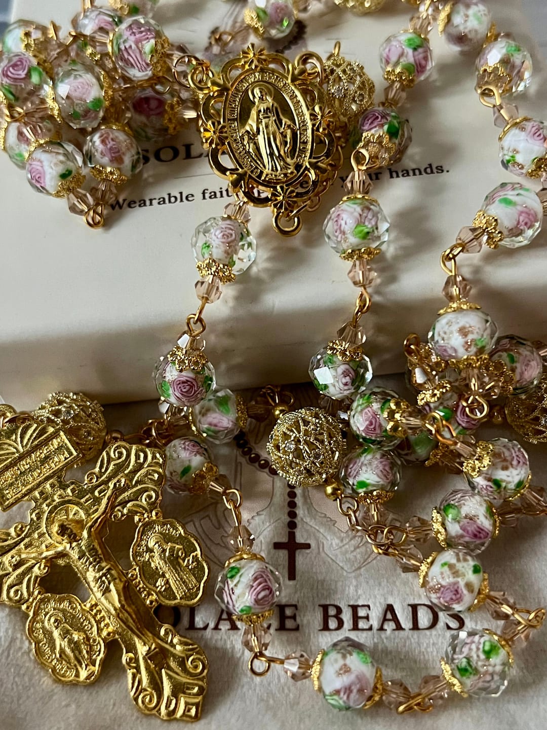 Customer photo review of SolaceBeads White Floral Lampwork Glass Rosary: Grace With Gold Filigree & Miraculous Medal