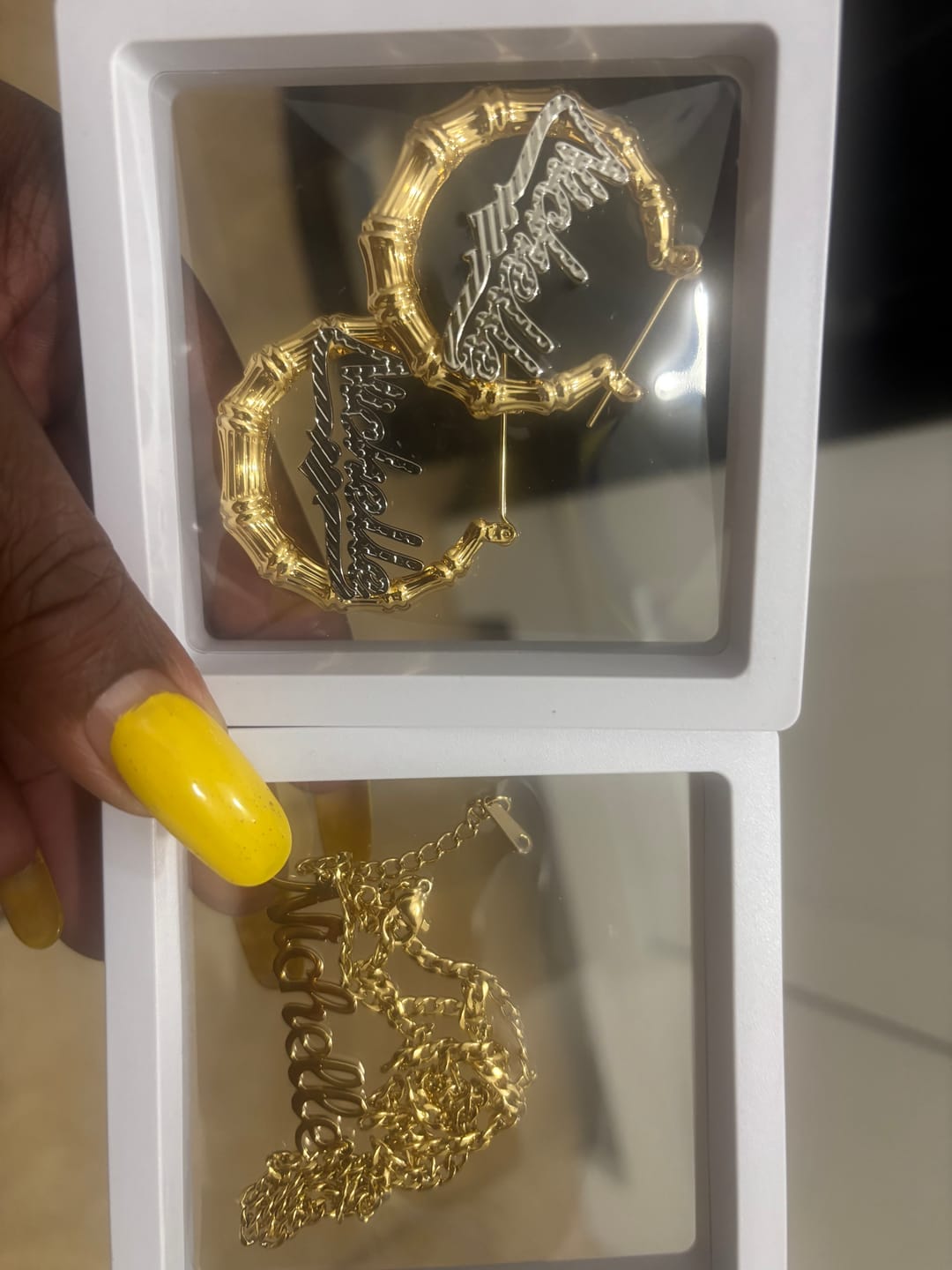 Customer photo review of Double Plated Bamboo Name Hoop Earrings