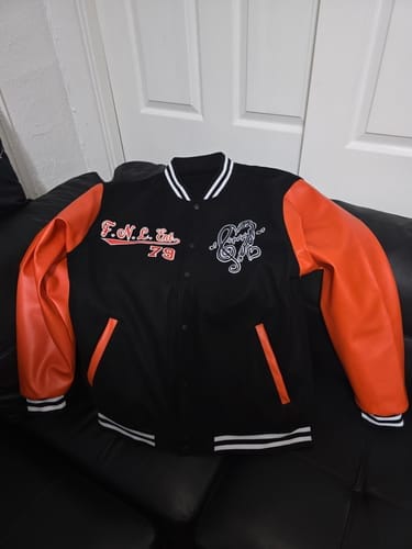 Customer photo review of Custom Black Orange White Letterman Jacket Raglan Sleeves Varsity Full-Snap Leather Sleeves