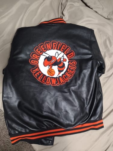 Customer photo review of Custom Black Orange Jacket Full-Snap Varsity Faux Leather Letterman Jacket
