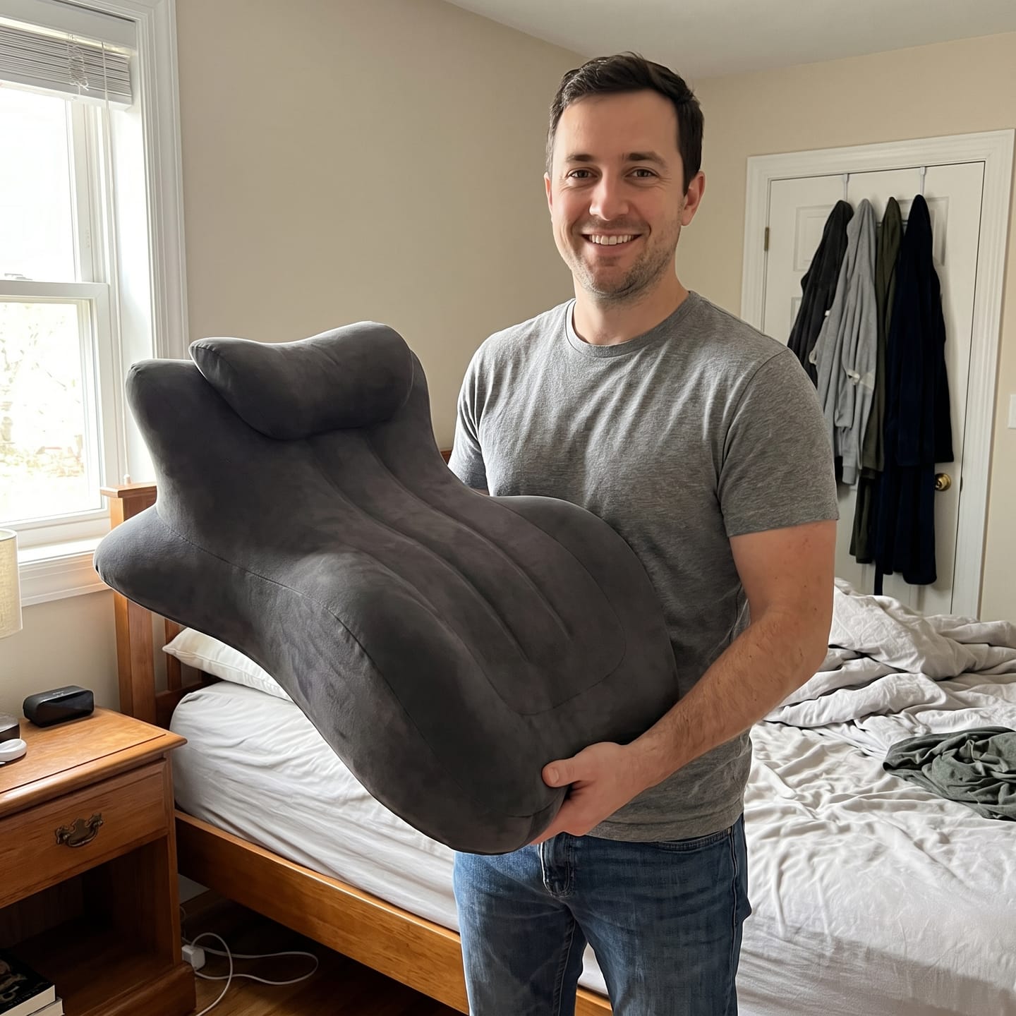 Customer photo review of The Pillow That Makes Her Grip The Sheets