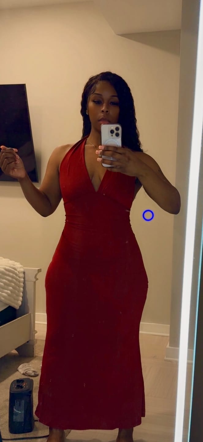 Customer photo review of Sultry Plunge Halter Gown