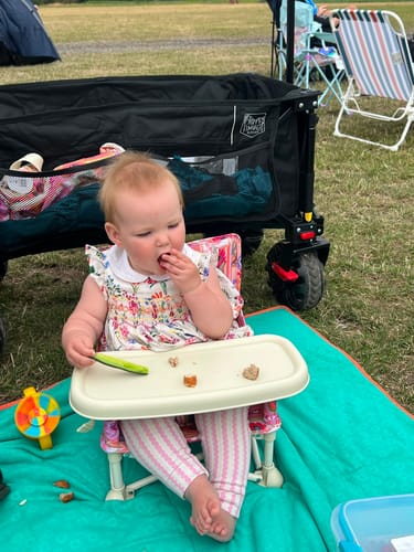 Reviewer's floral Amy baby chair set on a green blanket outdoors with a child eating a piece of cucumber