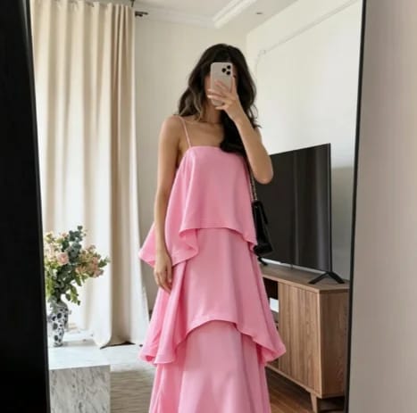 Customer photo review of Margot Tiered Ruffle Satin Maxi Dress