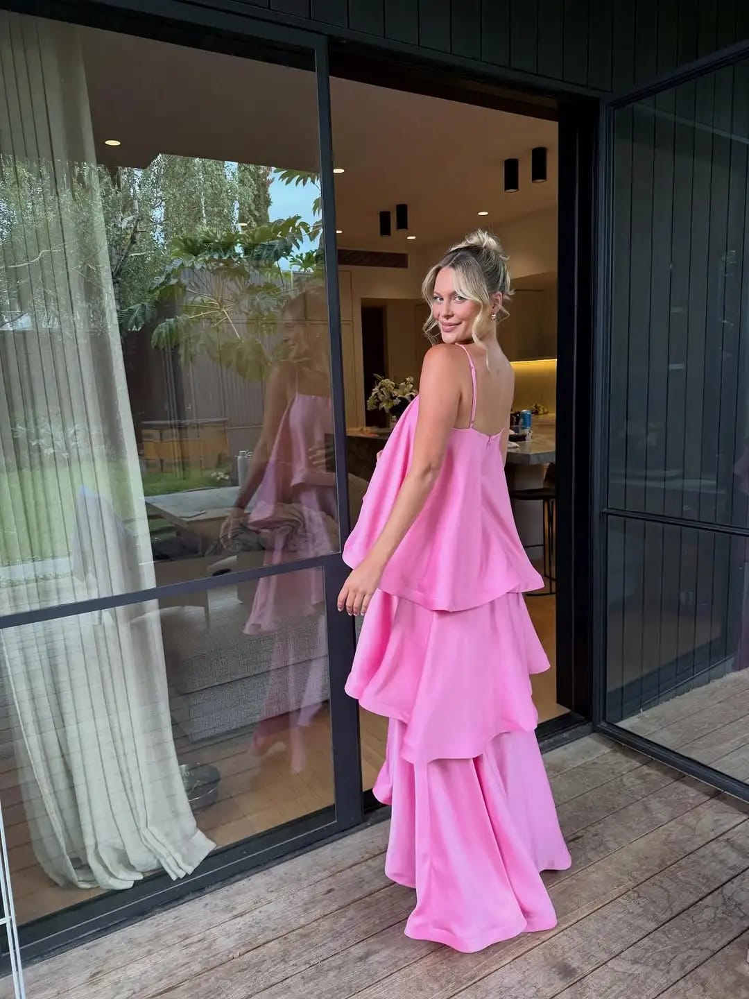 Customer photo review of Margot Tiered Ruffle Satin Maxi Dress