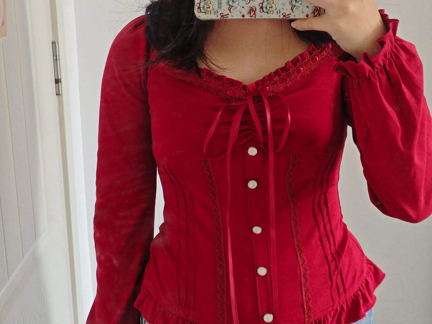 Customer photo review of Red Lace Bow Tie Long Sleeve Slim Fit Vintage Coquette Top