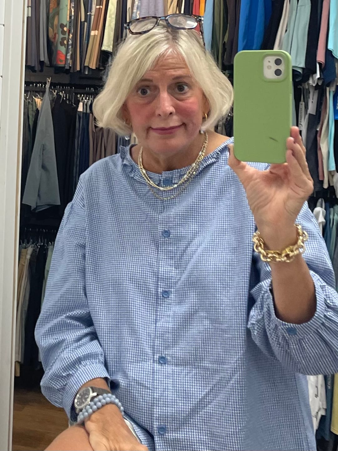 Customer photo review of Plus Size Women Summer Artsy Plaid Lace Collar Cotton Shirt