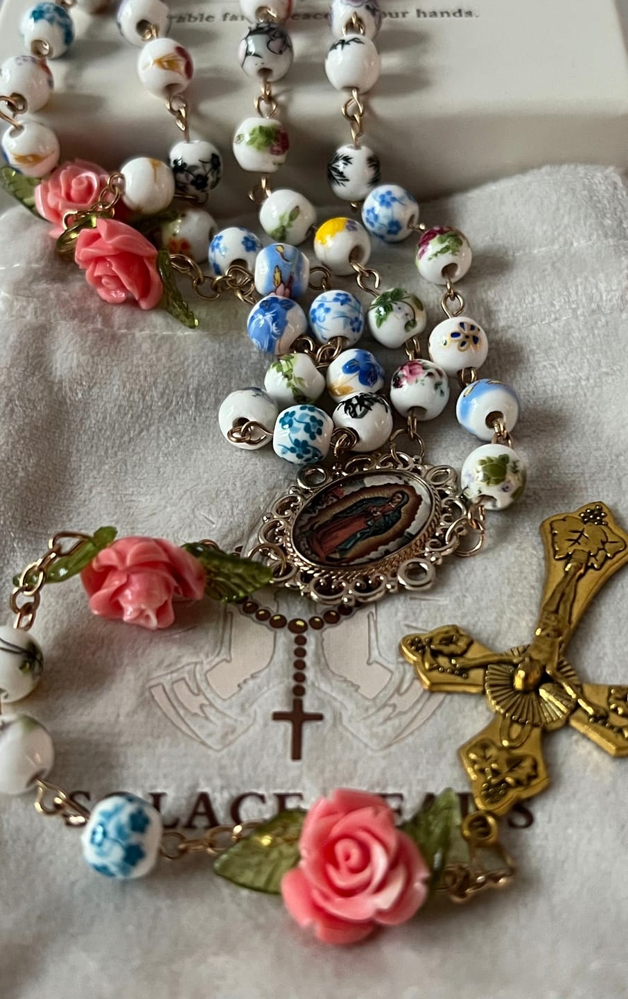 Customer photo review of SolaceBeads Vintage Mixed Floral Ceramic Rosary With Guadalupe & Crucifix: Timeless Garden