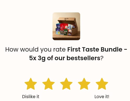 Customer's First Taste Bundle box containing five bags of flowers on a wooden table, with star rating interface visible.