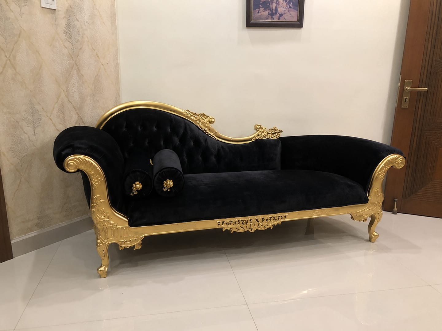 Customer photo review of Handicrafts Teak Wood Couch in Black Velvet Upholstery