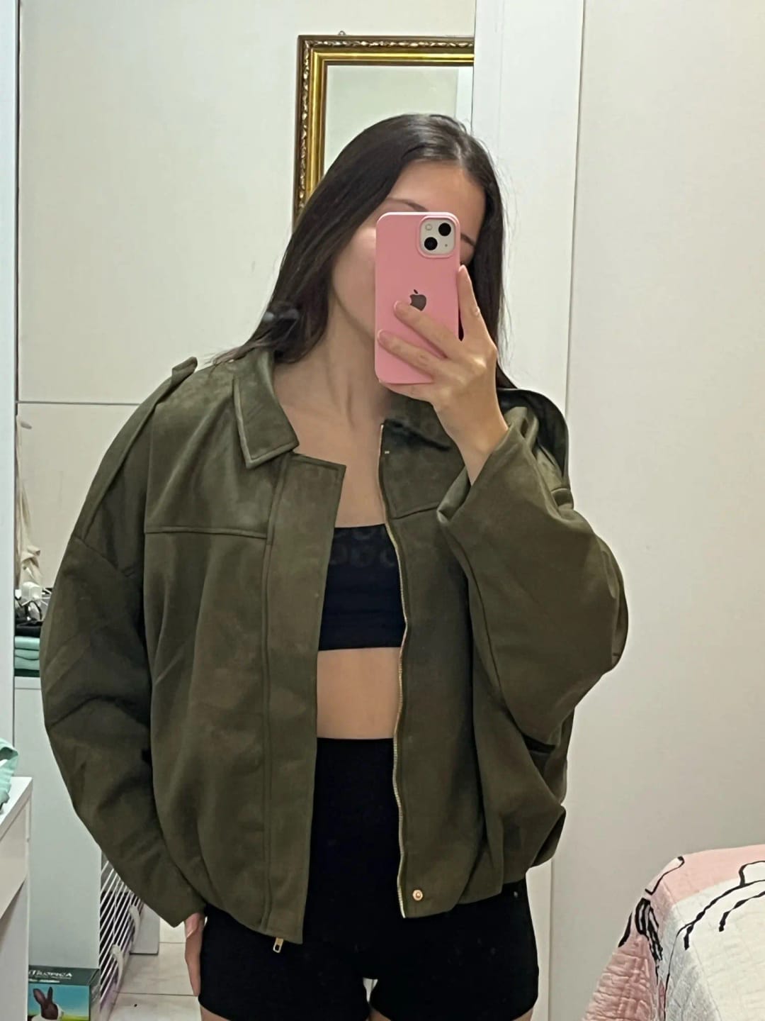 Customer photo review of Lara | Suede Bomber Striukė