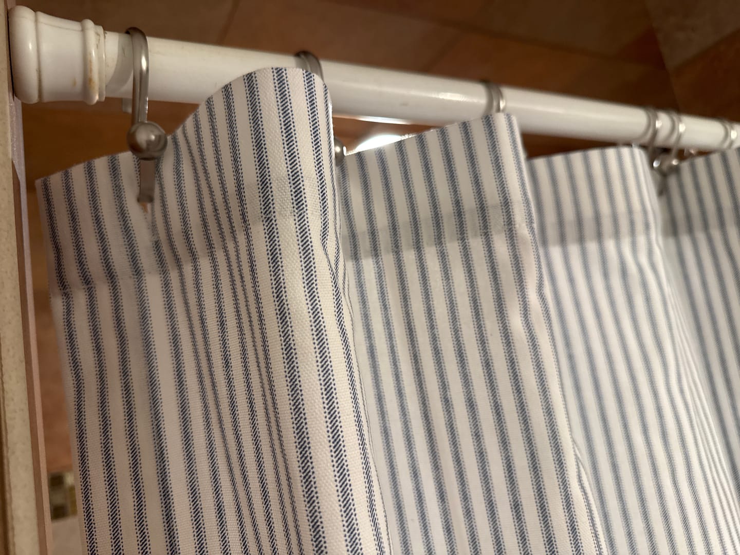 Customer photo review of Stall (Narrow) Shower Curtain in Classic Navy Blue Ticking Stripe on White