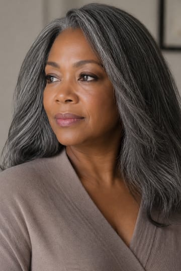 Customer photo review of Luvwin Kinky Straight Wavy Layered Style Gray Color Salt And Pepper Hair 5x5 Closure Wig