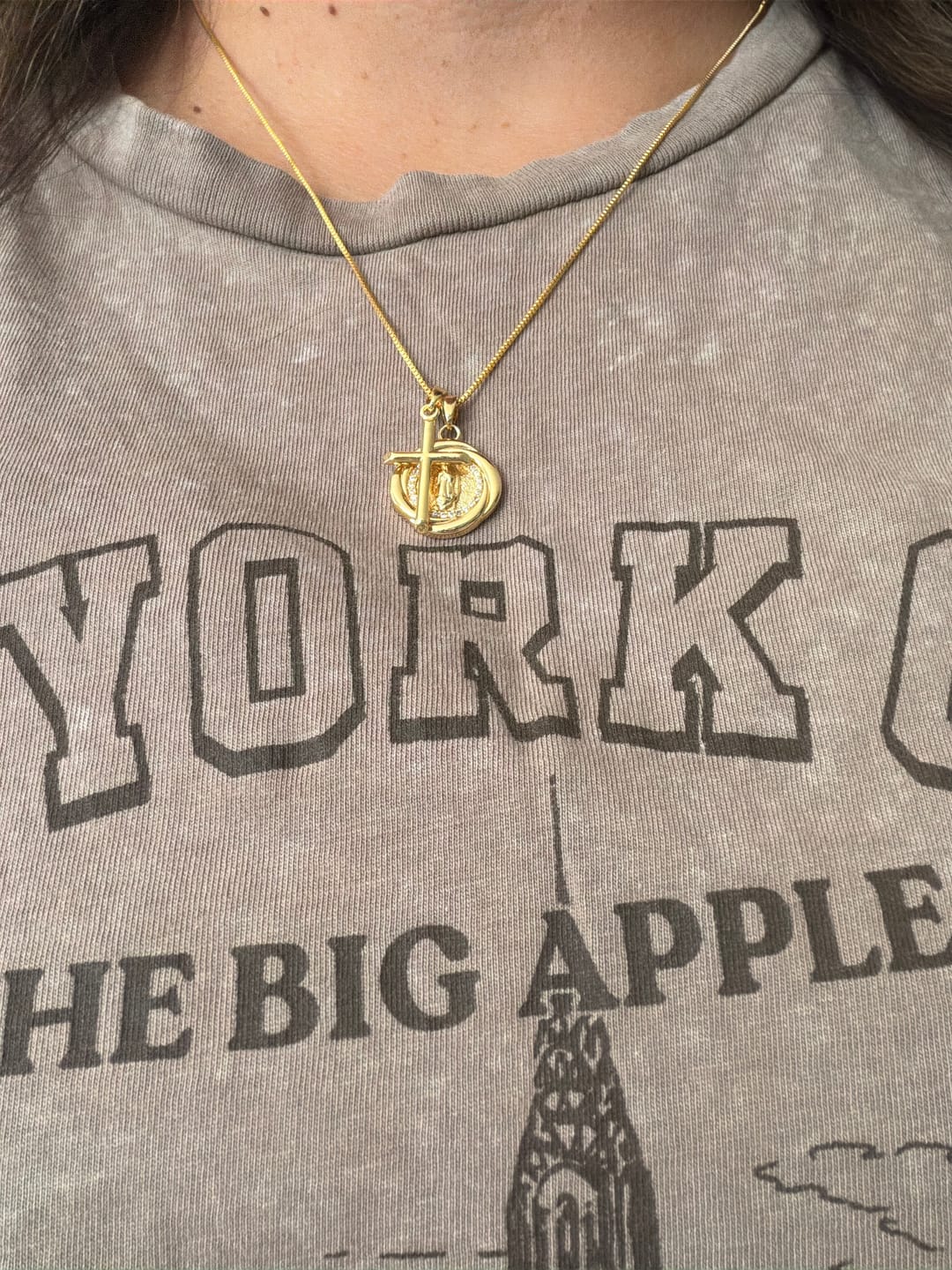 Customer photo review of FREE Today: Double Pendant Necklace with Zircon-Encircled Our Lady Medallion & Polished Cross Charm