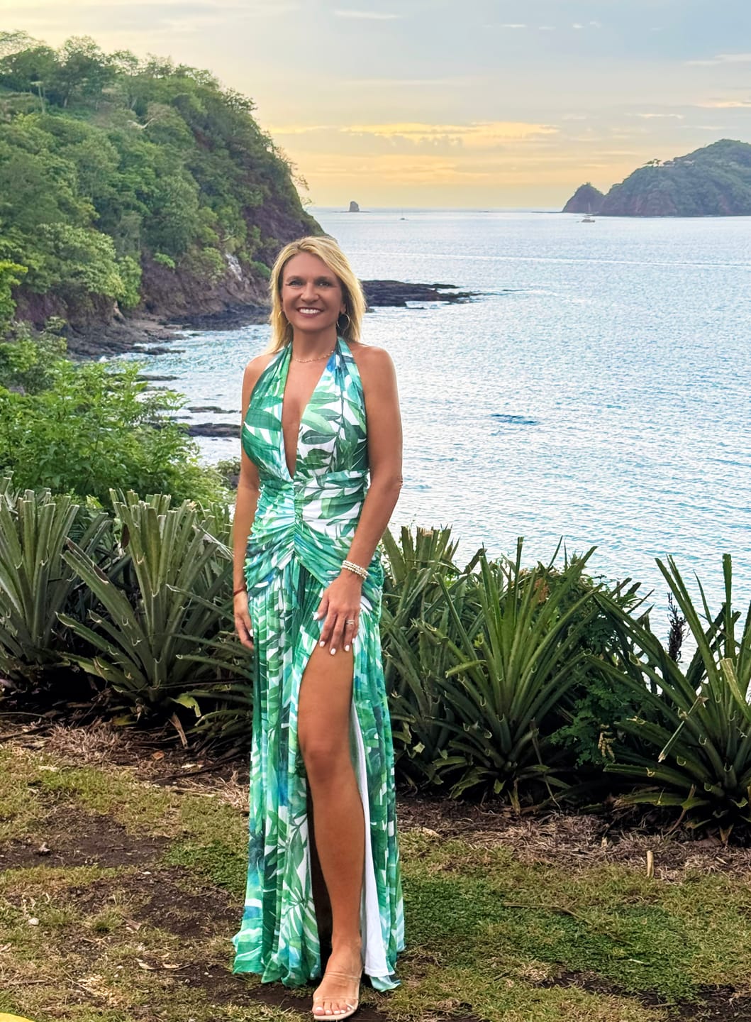 Customer photo review of Capri Halter Tropical Print Maxi Dress - Aqua Green