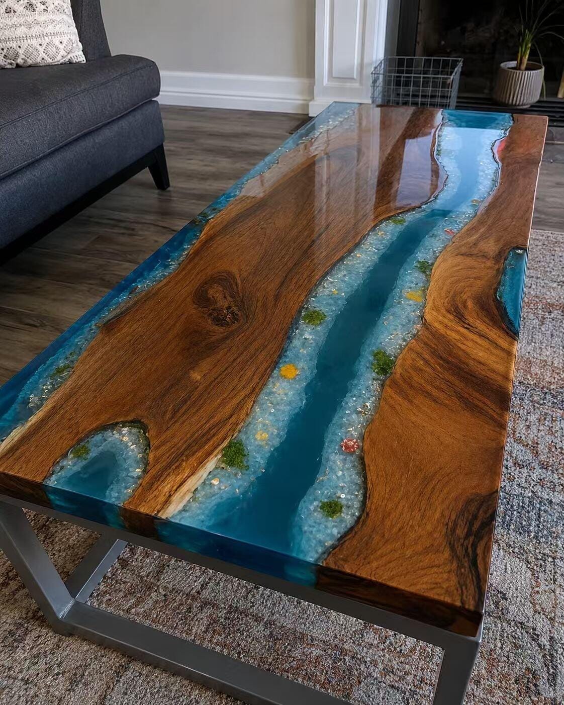 Customer photo review of Poplar Wood Sea Wave Rectangle Epoxy Resin Dining Table