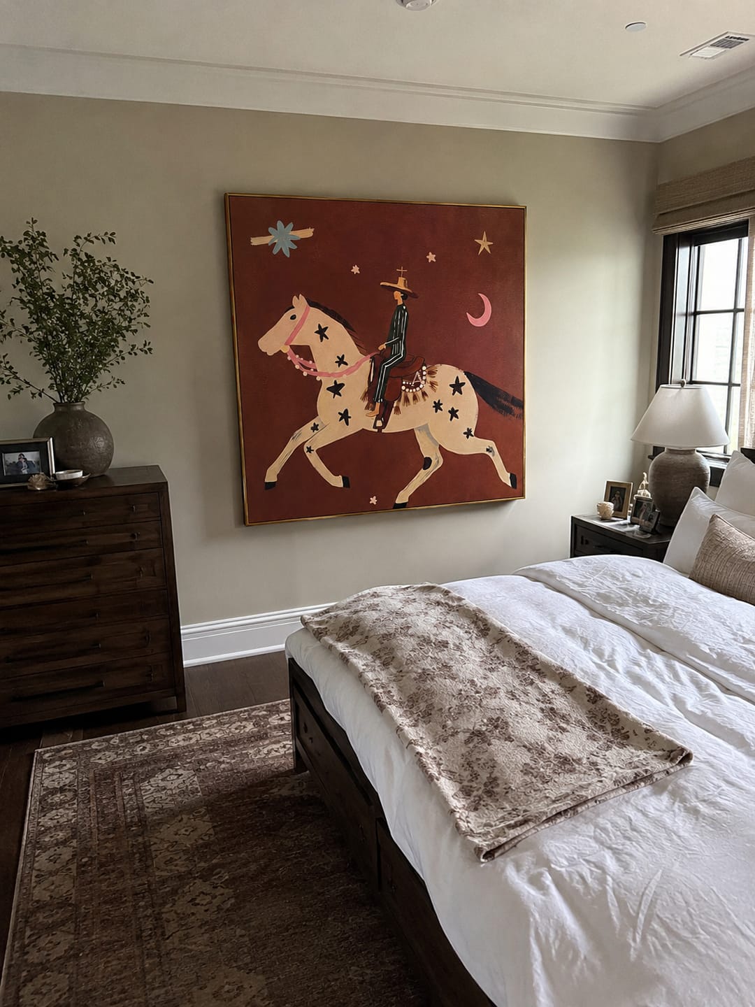 Customer photo review of "Moonlit Rider" - Whimsical Horse & Cowboy Painting | Rust Red Western Animal Wall Art