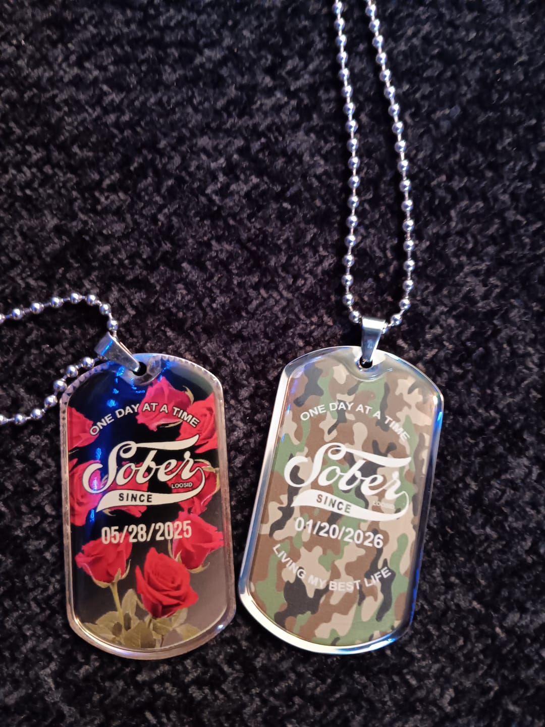 Customer photo review of Sobriety Gift | Sober Since Camo Dog Tag Jewelry