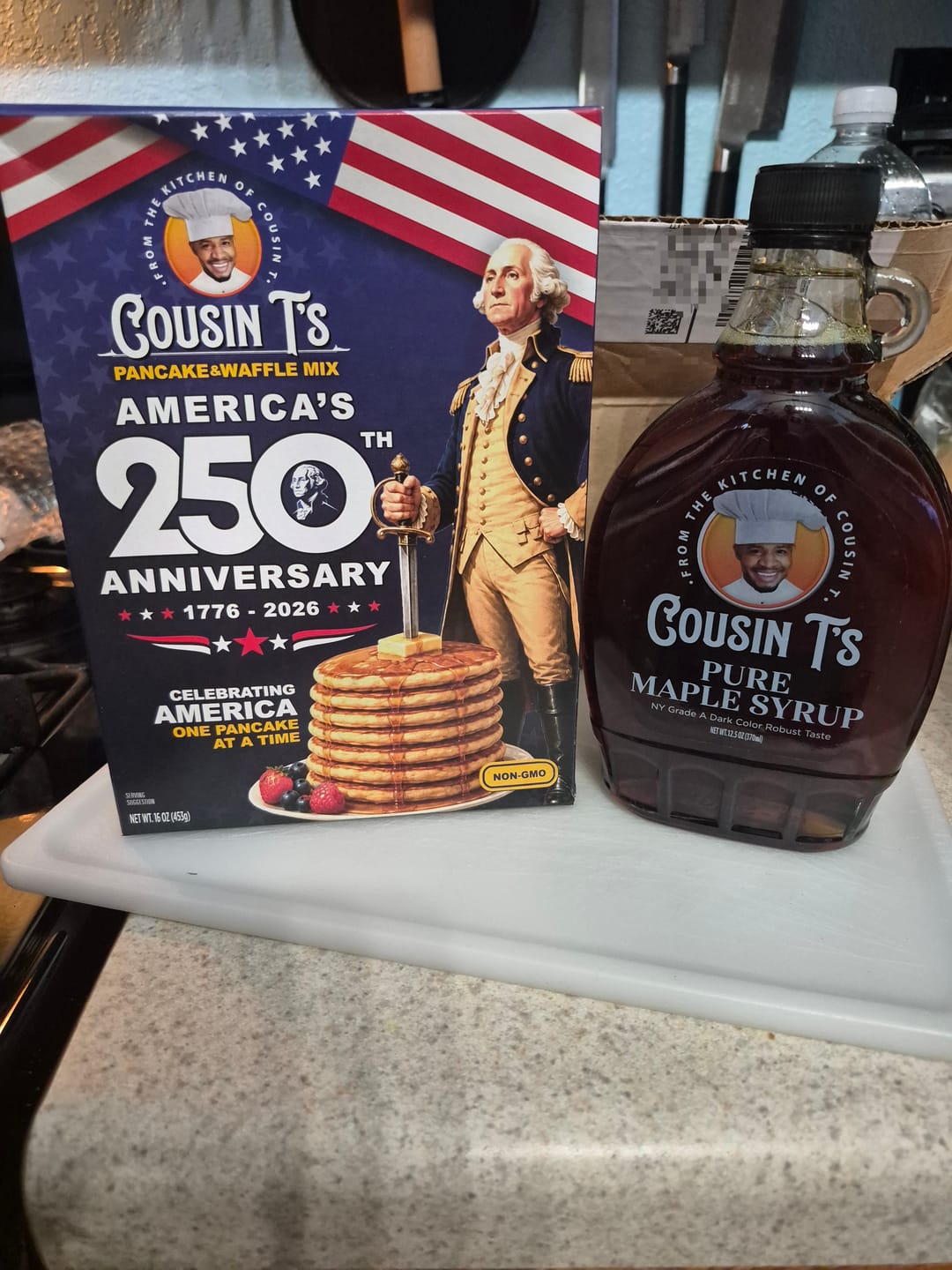 Customer photo review of Cousin T's 250th Anniversary Pancake & Syrup Bundle