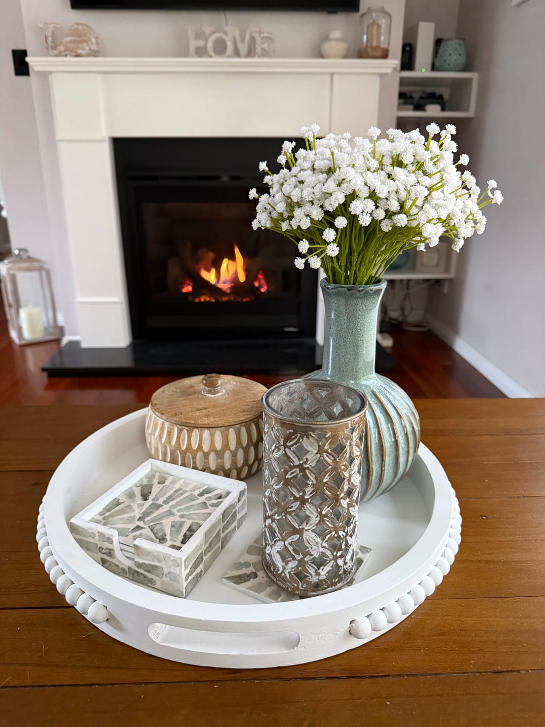 Customer photo review of Beaded Round White Wooden Tray