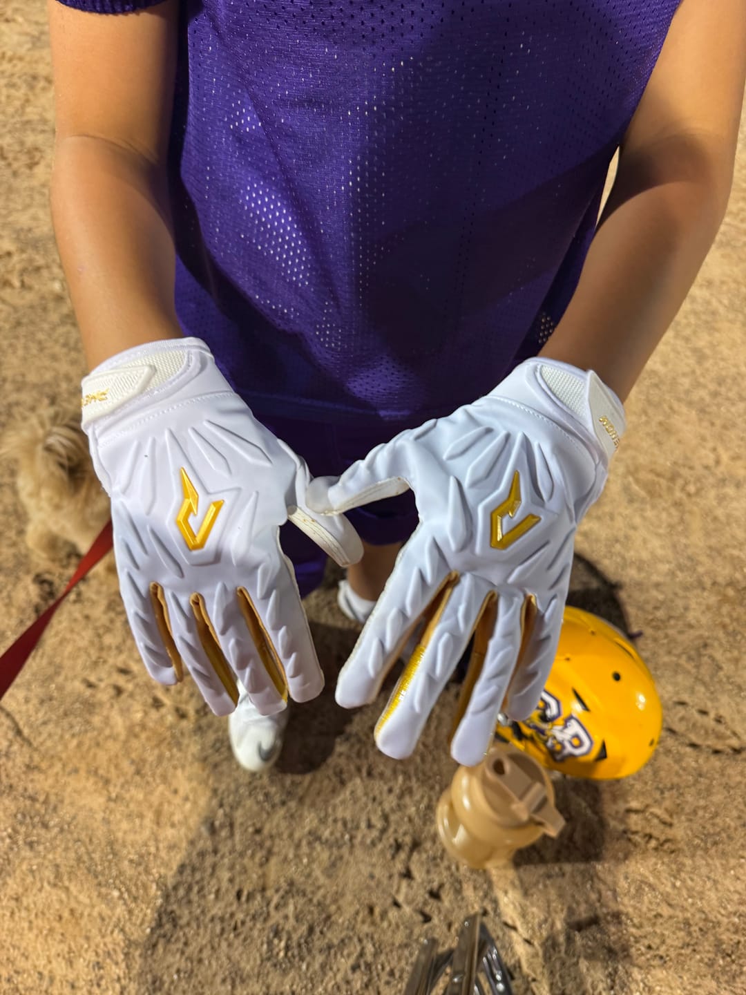 Customer photo review of Phenom Elite Quantum Fierce Youth & Adult Padded Football Gloves - Gold Rush White