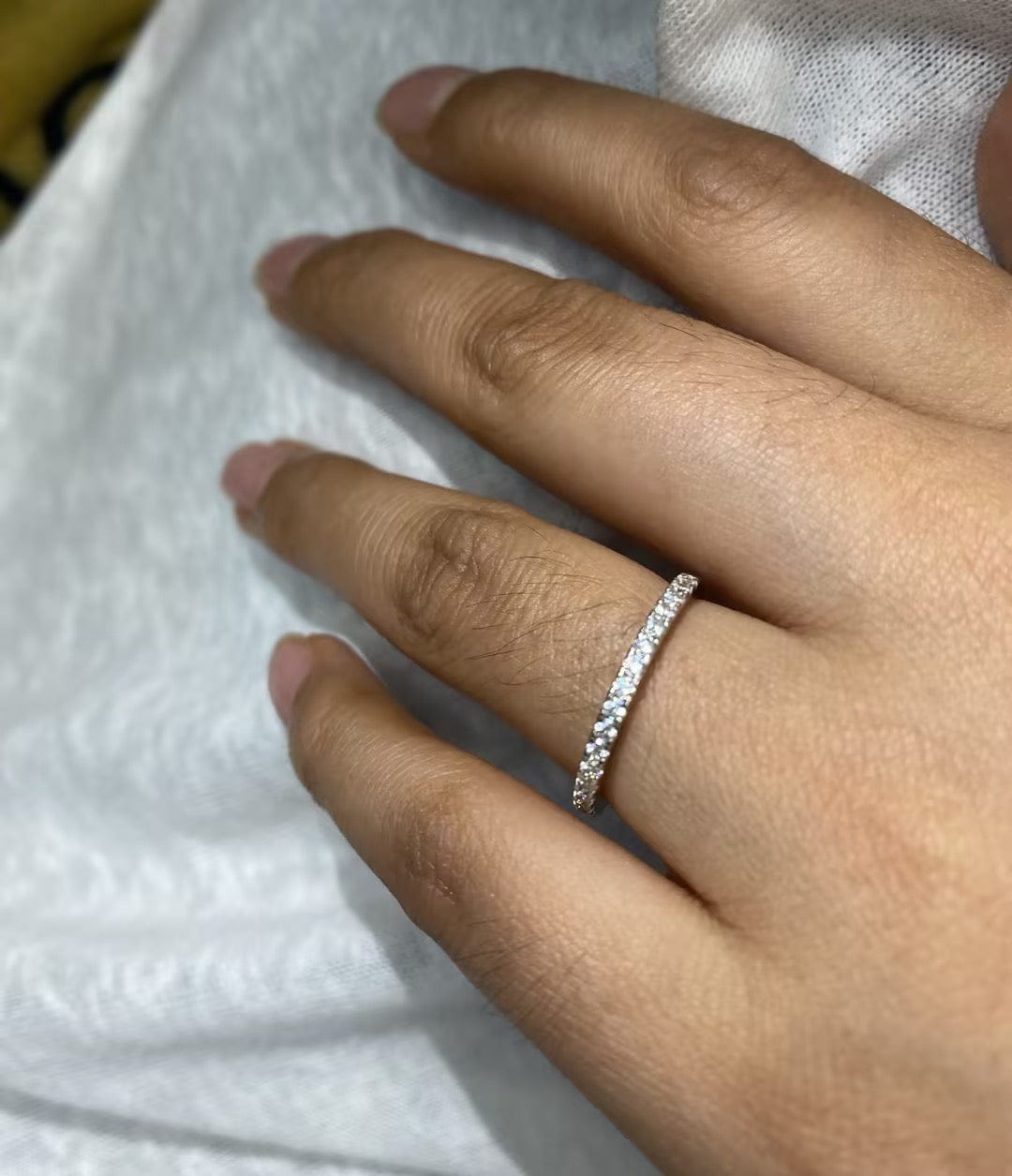 Customer photo review of S925 Half Halo Moissanite 0.5 Ct Round Cut White/Green Stone Anniversary Ring