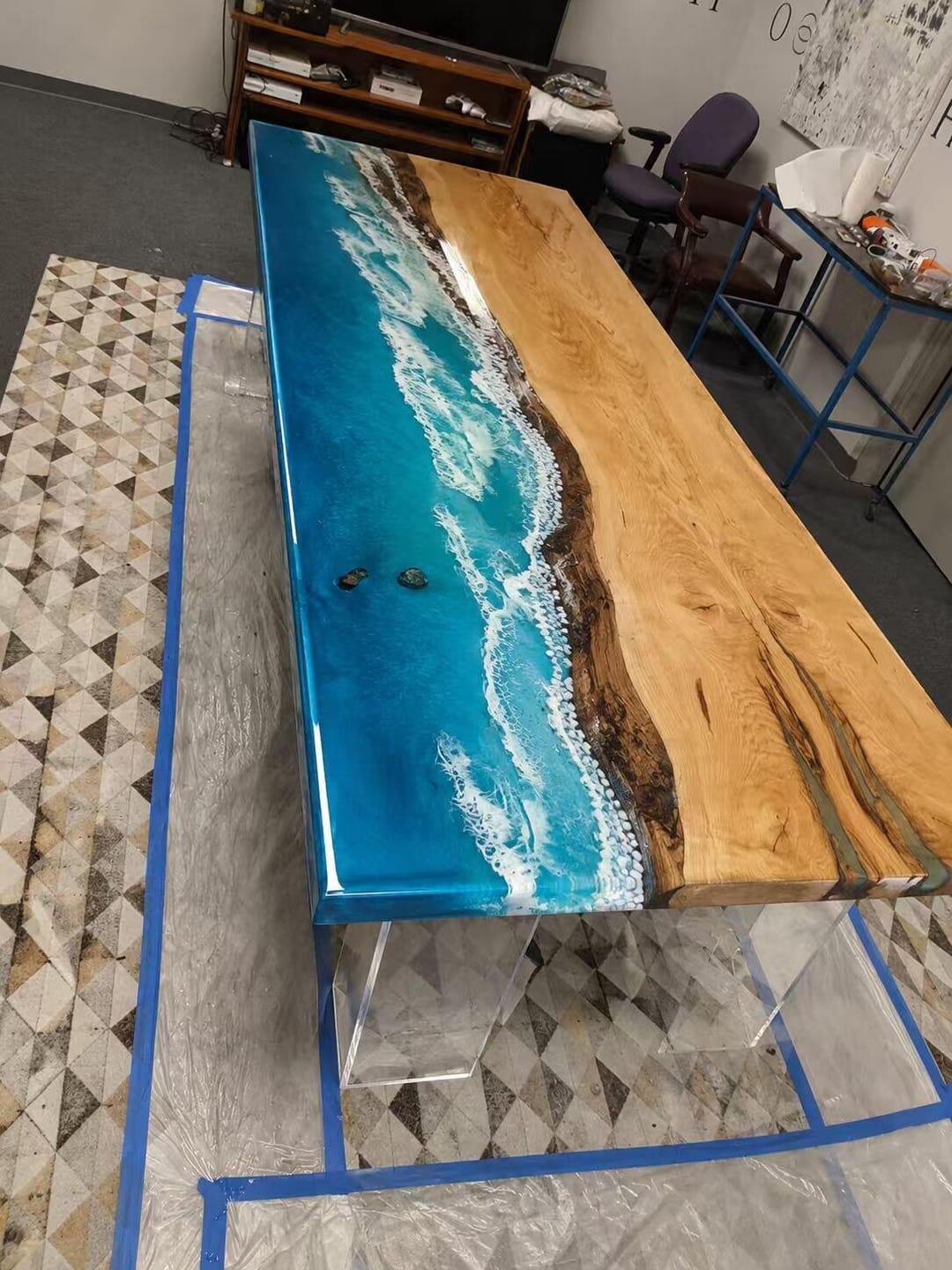 Customer photo review of Walnut Wood with Blue Wave Epoxy Resin Conference Table