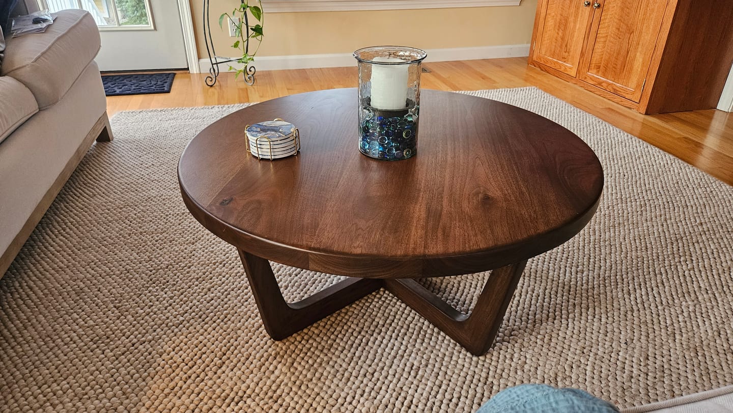 Customer photo review of Muse Round Cocktail Table - Solid Walnut Wood - Mid Century Modern Design