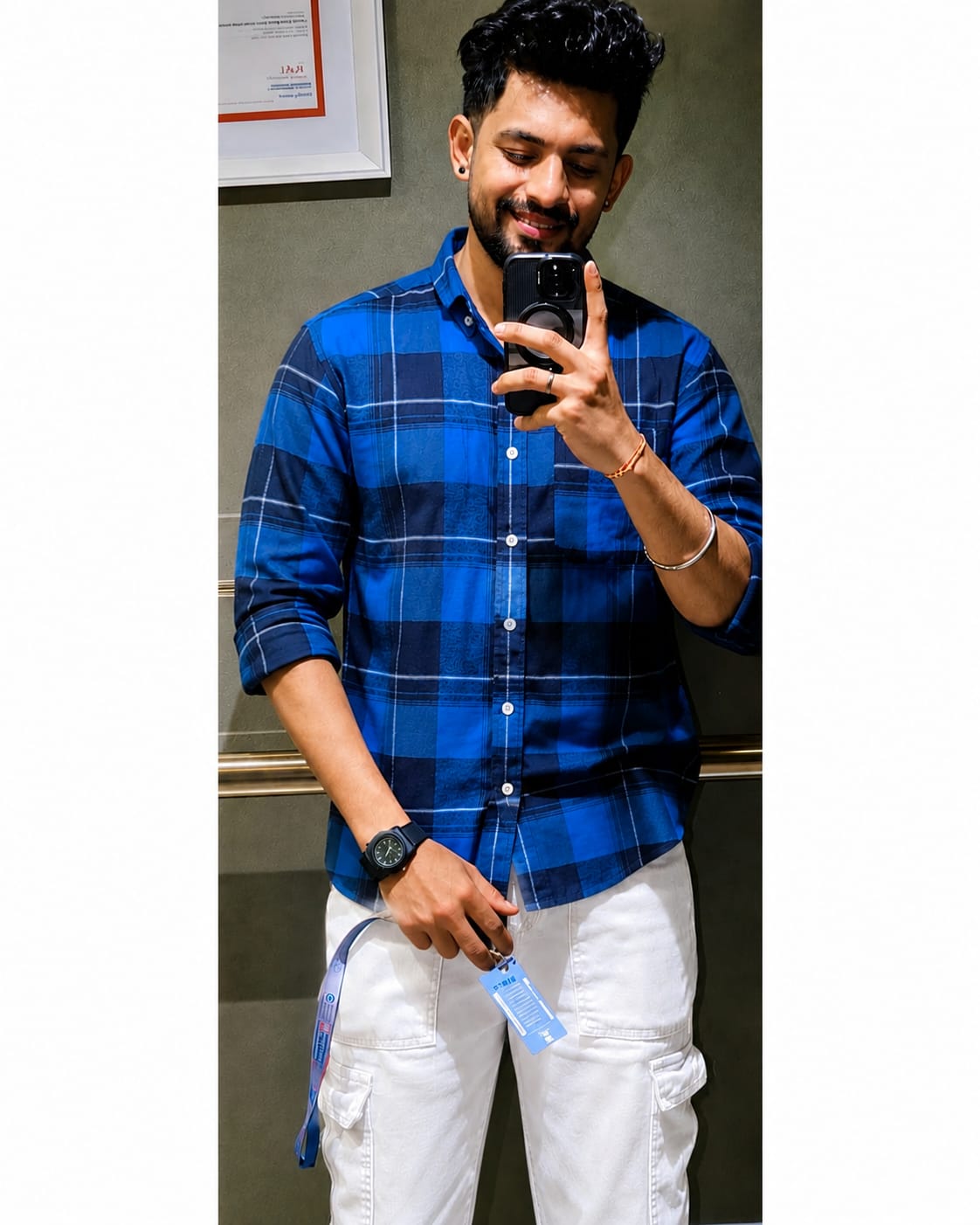 Customer photo review of Blue Checked Button Down Shirt