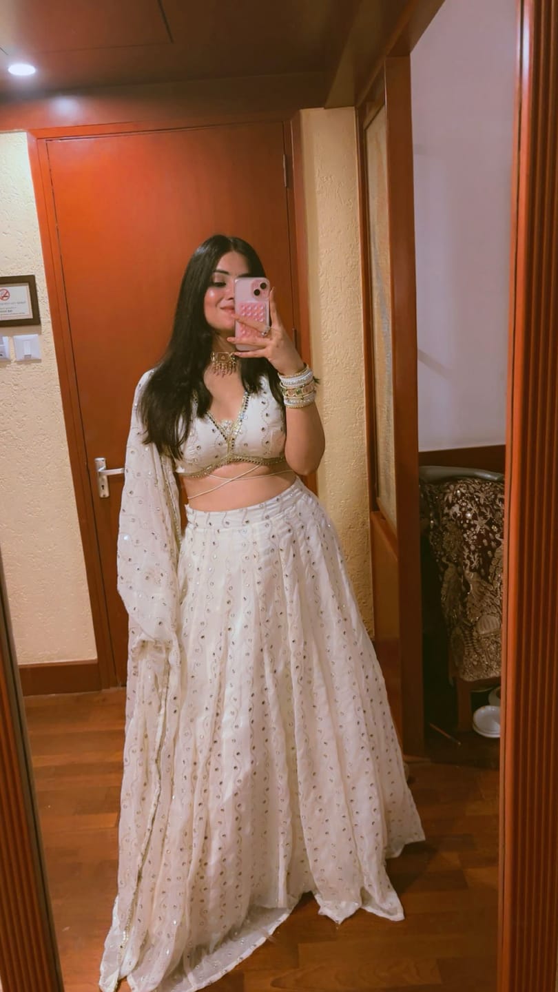 Customer photo review of Astoria Ivory Mirror Work Lehenga Set