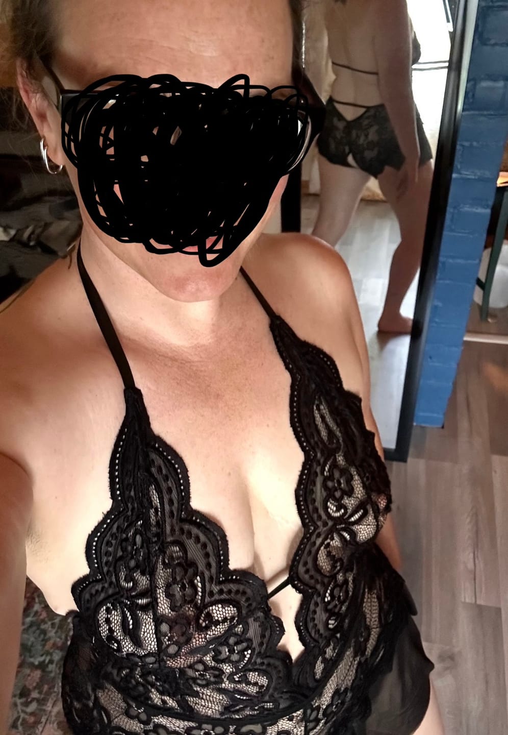 Customer photo review of Boudoir Flare Lace Crotchless Bodysuit