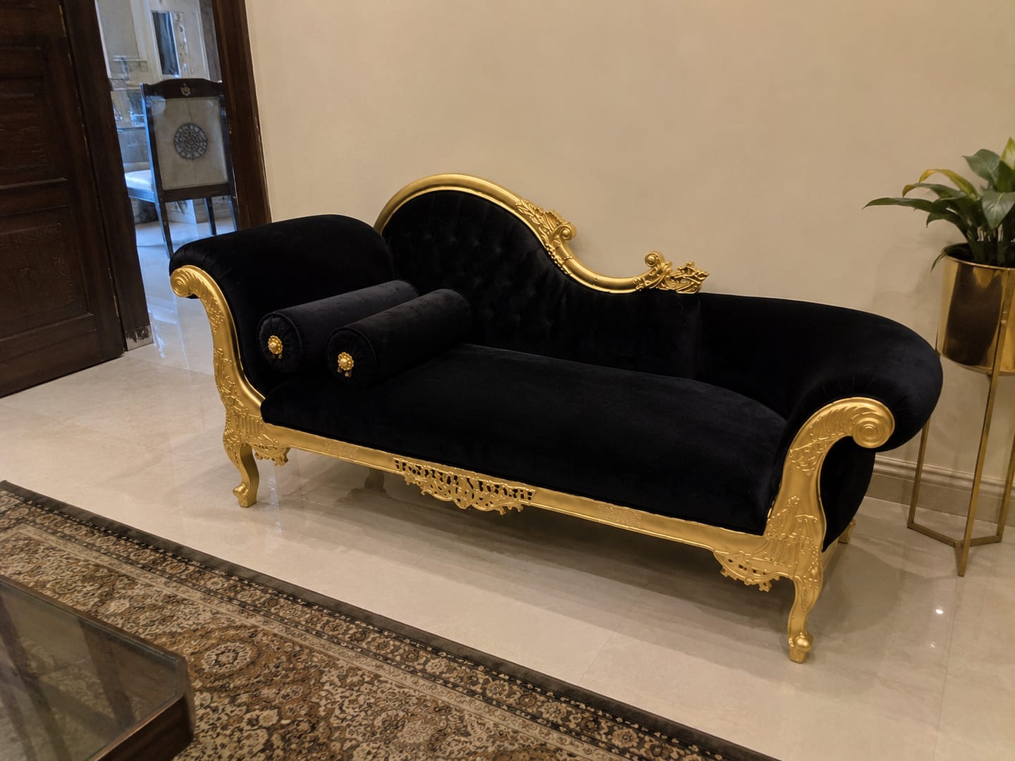 Customer photo review of Handicrafts Teak Wood Couch in Black Velvet Upholstery