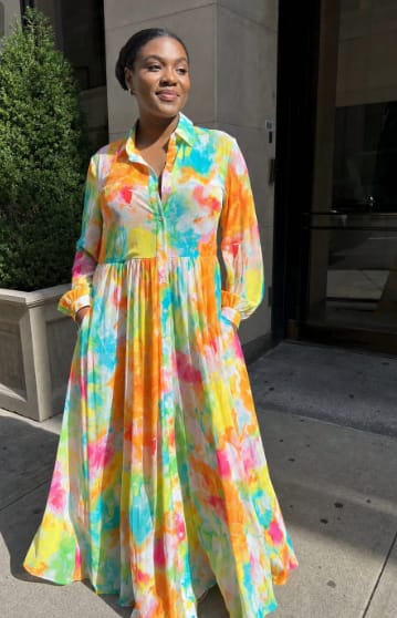 Customer photo review of Long Sleeves Buttoned Contrast Color Pleated Pockets Printed Lapel Maxi Dresses Shirt Dress