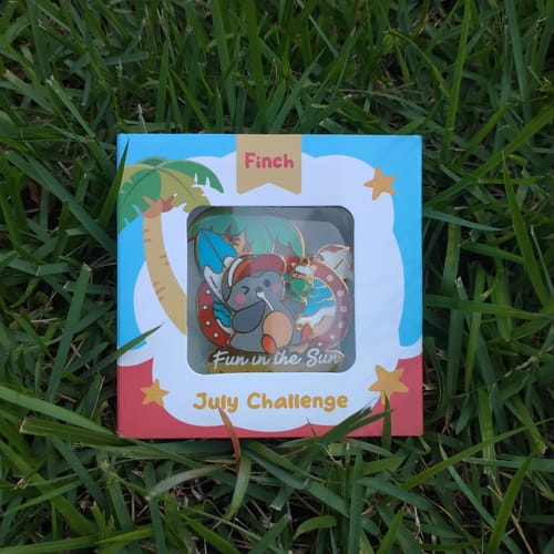 Customer's Fun in the Sun Pin, packaged in a themed Finch July Challenge box and resting on green grass.