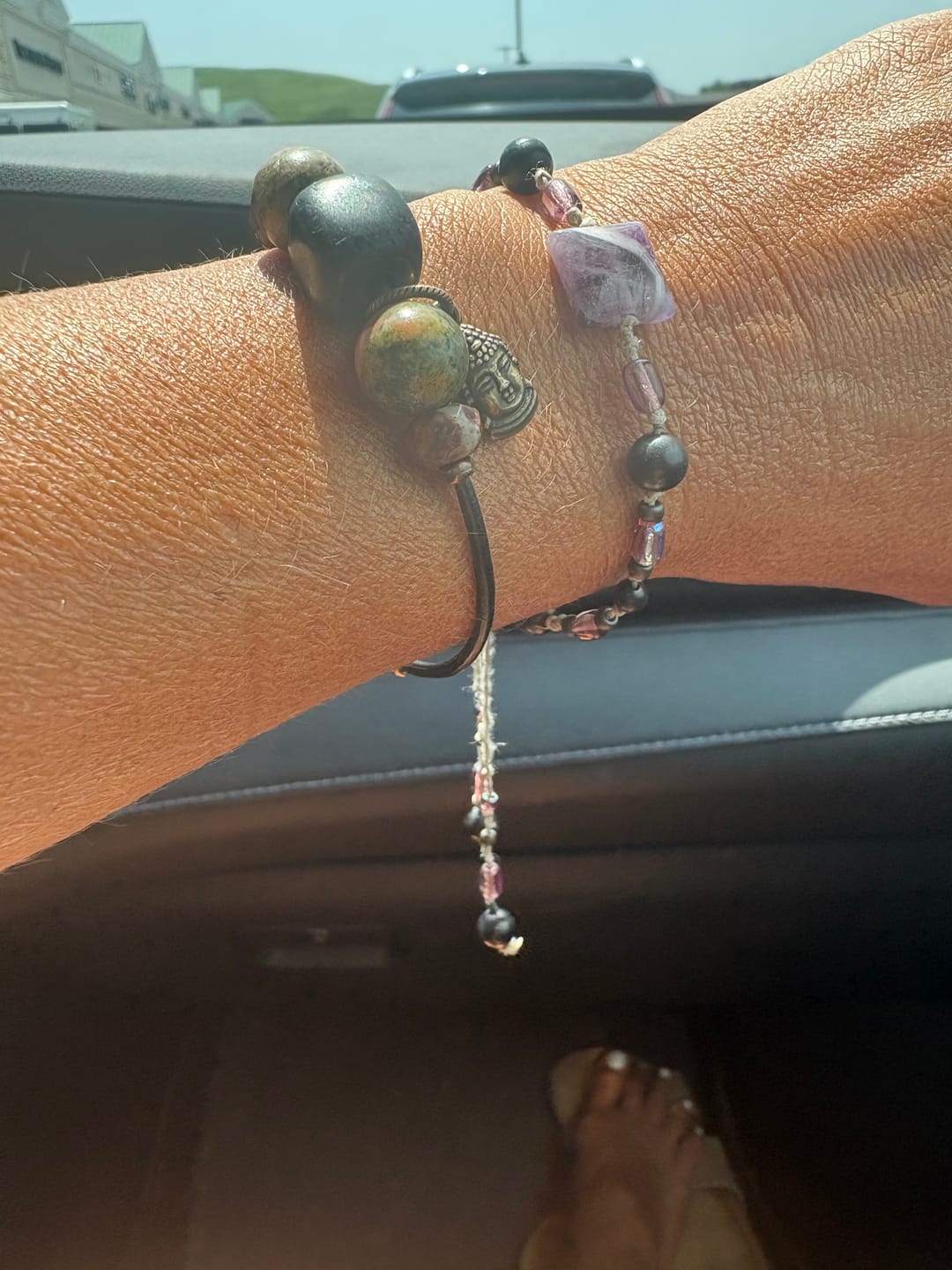 Customer photo review of Dangly Adjustable Beaded Shungite Bracelet | Chevron Amethyst