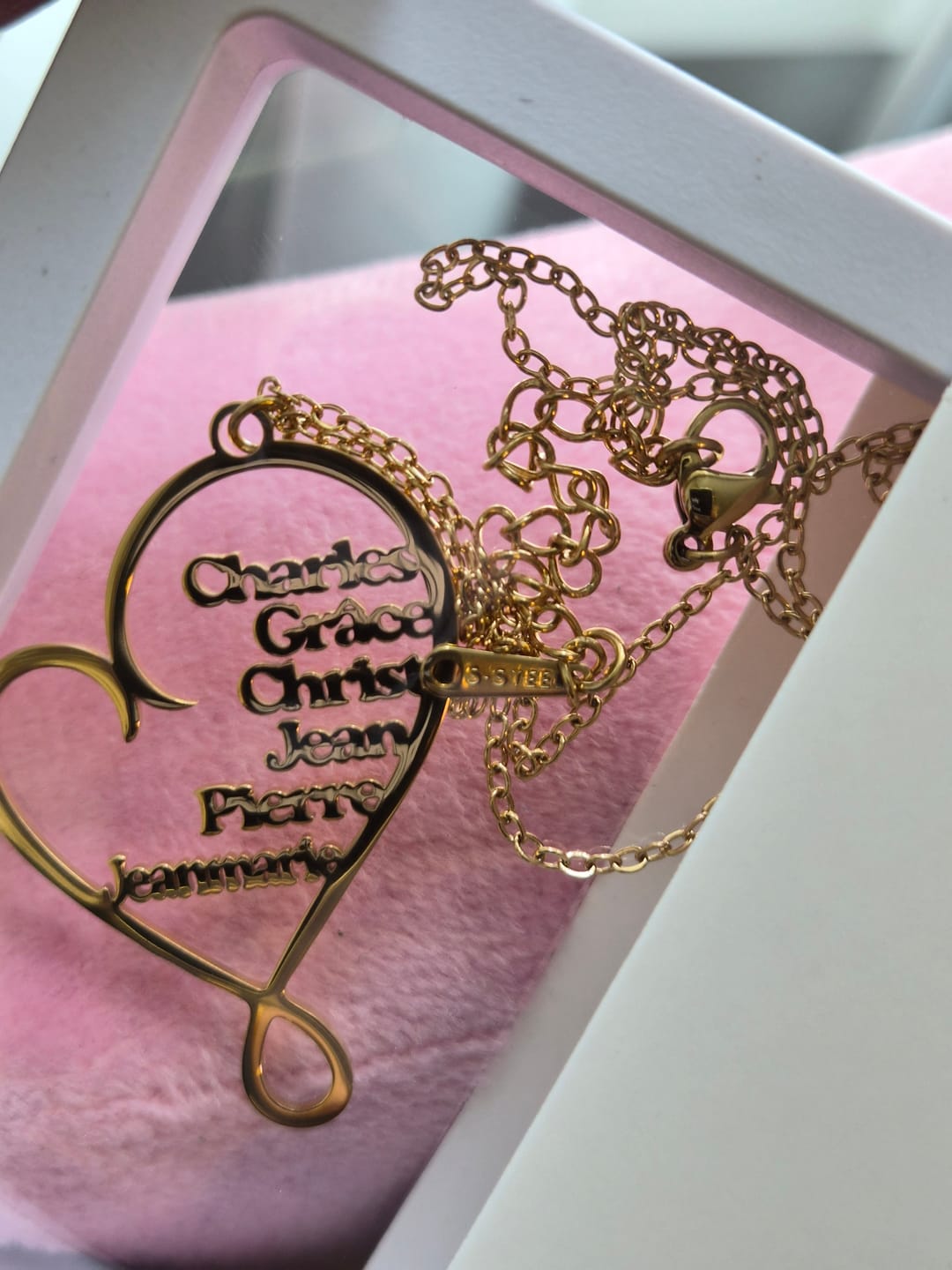 Customer photo review of Family Name Heart Necklace