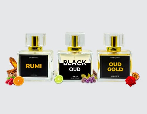 Customer's Royal Oud Collection featuring three glass perfume bottles labeled Rumi, Black Oud, and Oud Gold.