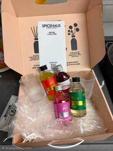 Customer's opened box of Signature cocktails containing four glass bottles, two ribbed glasses, and a menu.